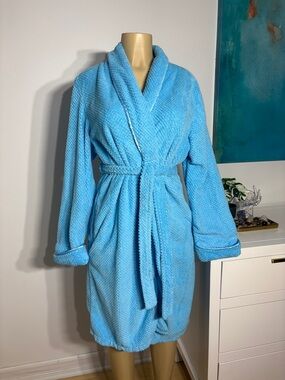 Cozy Light Blue Plush Shawl-Collar Robe with Tie Belt